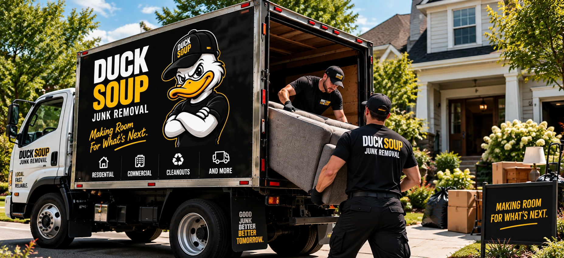 Duck Soup crew loading a couch onto the branded truck outside a Long Island home