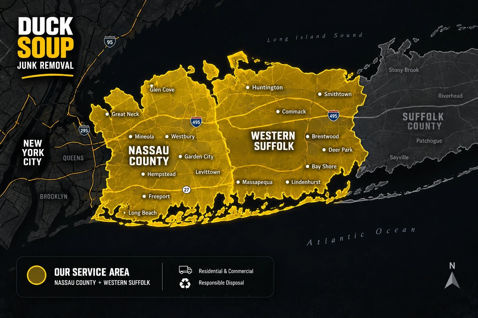 Map of Duck Soup Junk Removal's Long Island, NY service area, covering Nassau County and Western Suffolk County