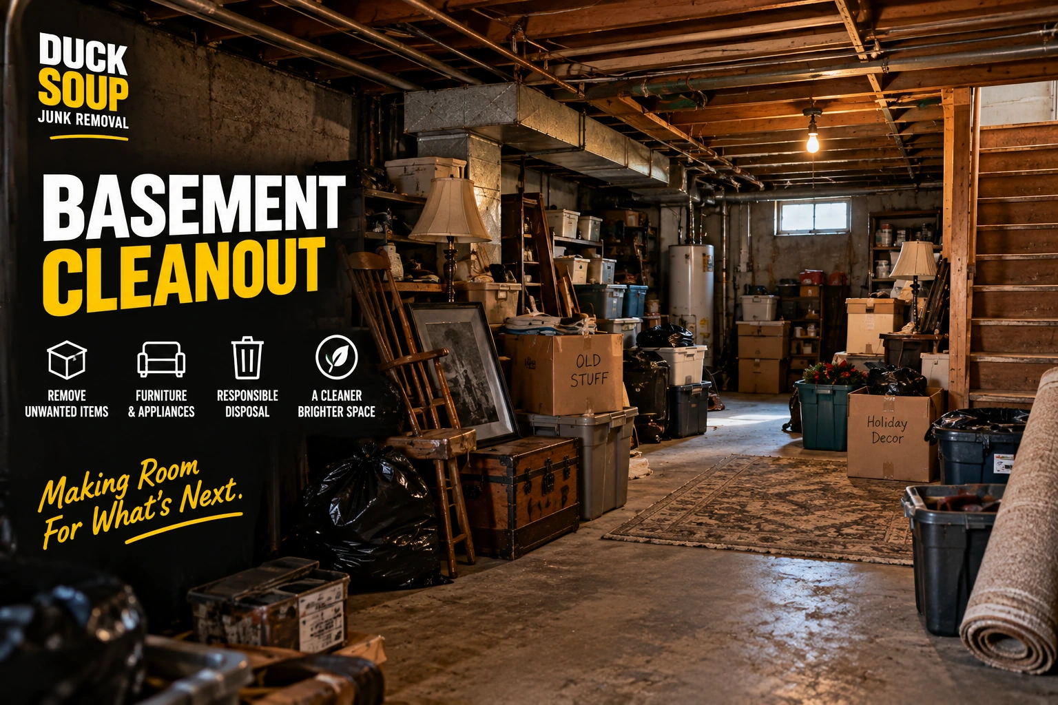 Basement full of boxes, bins and old furniture before a Duck Soup basement cleanout