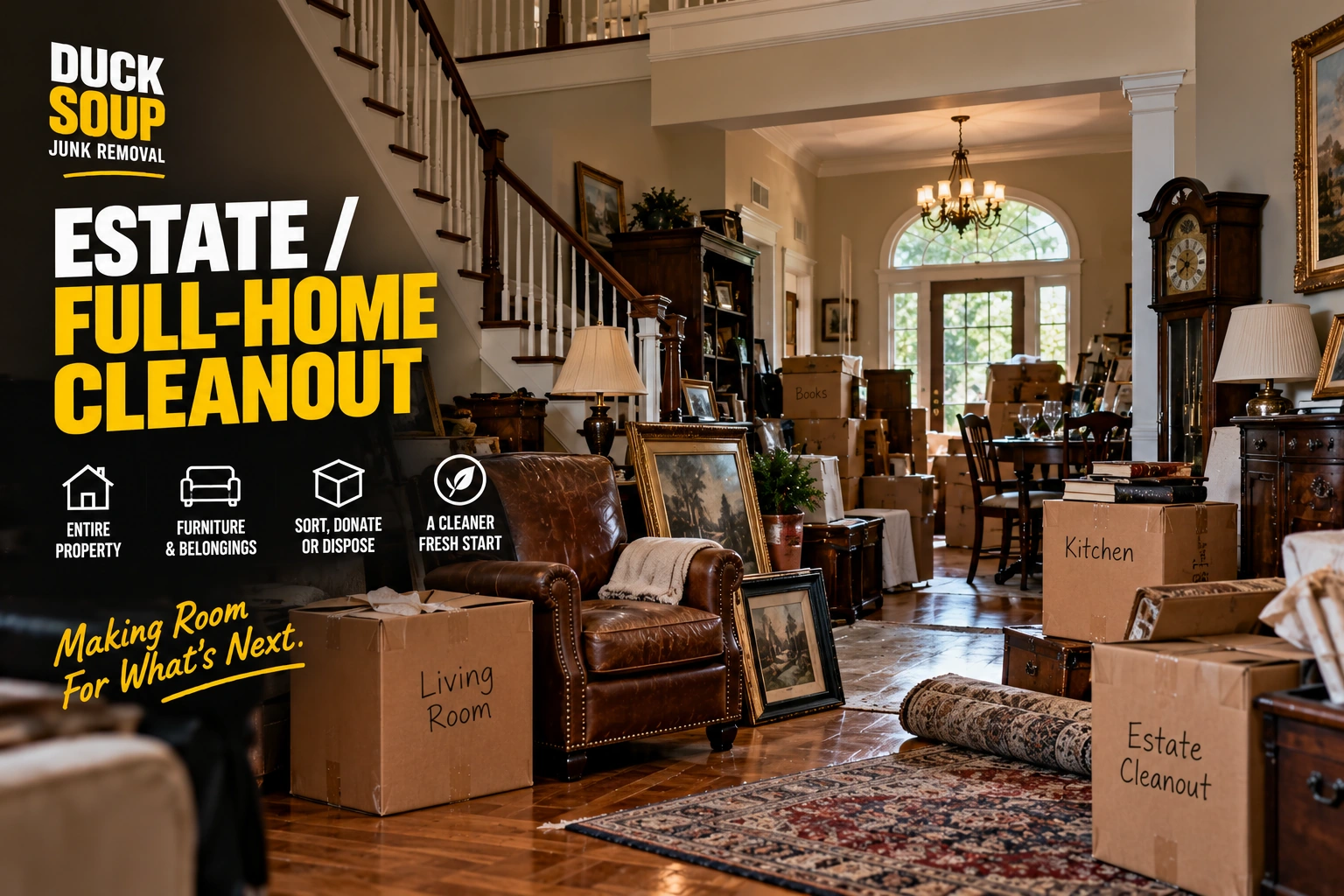 Packed boxes and furniture during a Duck Soup estate cleanout