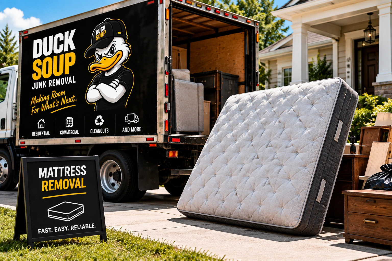 Mattress set curbside next to the Duck Soup truck